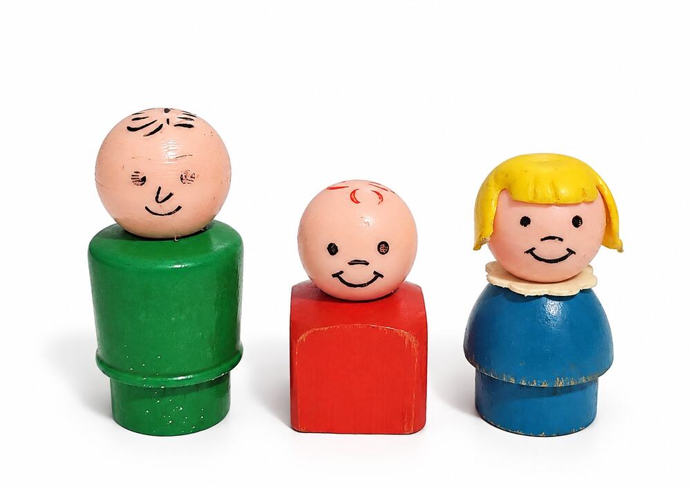 Vintage Fisher Price Little People Red Wood Square Baby Boy Wood Girl